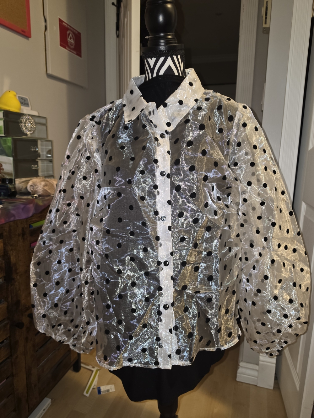 Sheer White Organza Polka Dot Button-Up Blouse